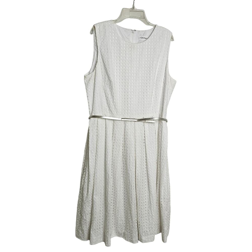 Calvin Klein Womens Sleeveless Fit & Flare White Eyelet Midi Dress Sz 12 Cottage